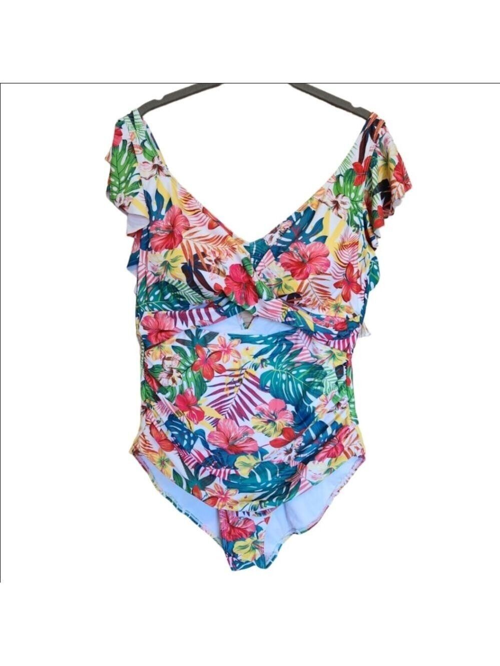 TROPICAL PRINT ONE PIECE MONOKINI RUFFLE SHOULDER RUCHED SWIMSUIT SIZE XL NWT - Picture 5 of 13